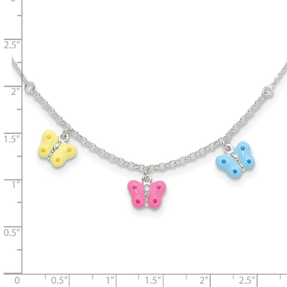 Sterling Silver Yellow Pink Blue Enameled 3 Butterfly Children's 14" Necklace - Picture 2 of 4